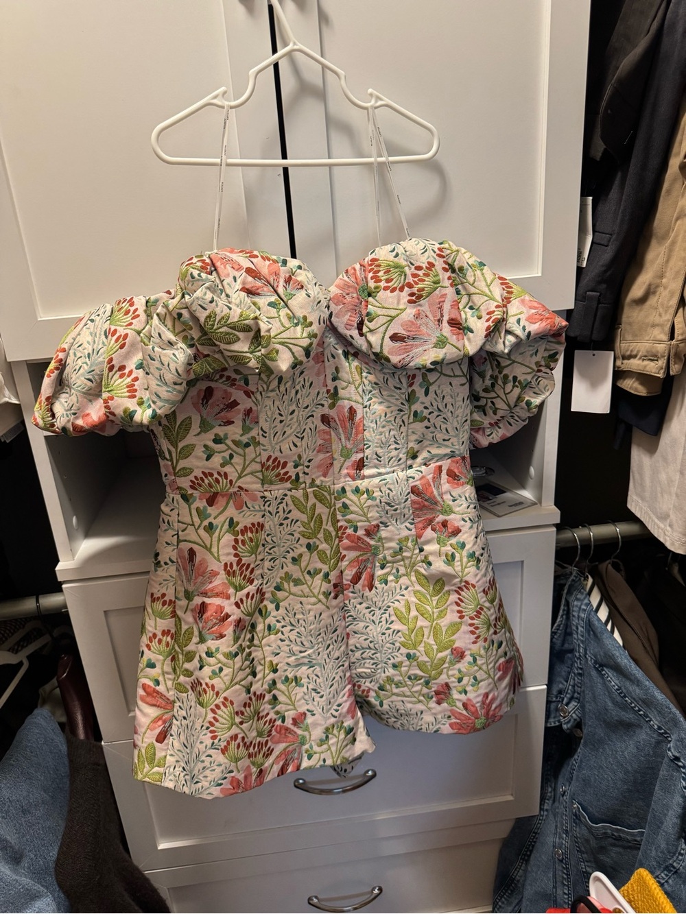 Elliatt Quilted Floral Puff-Sleeve Camisole in Cream, Pink & Green